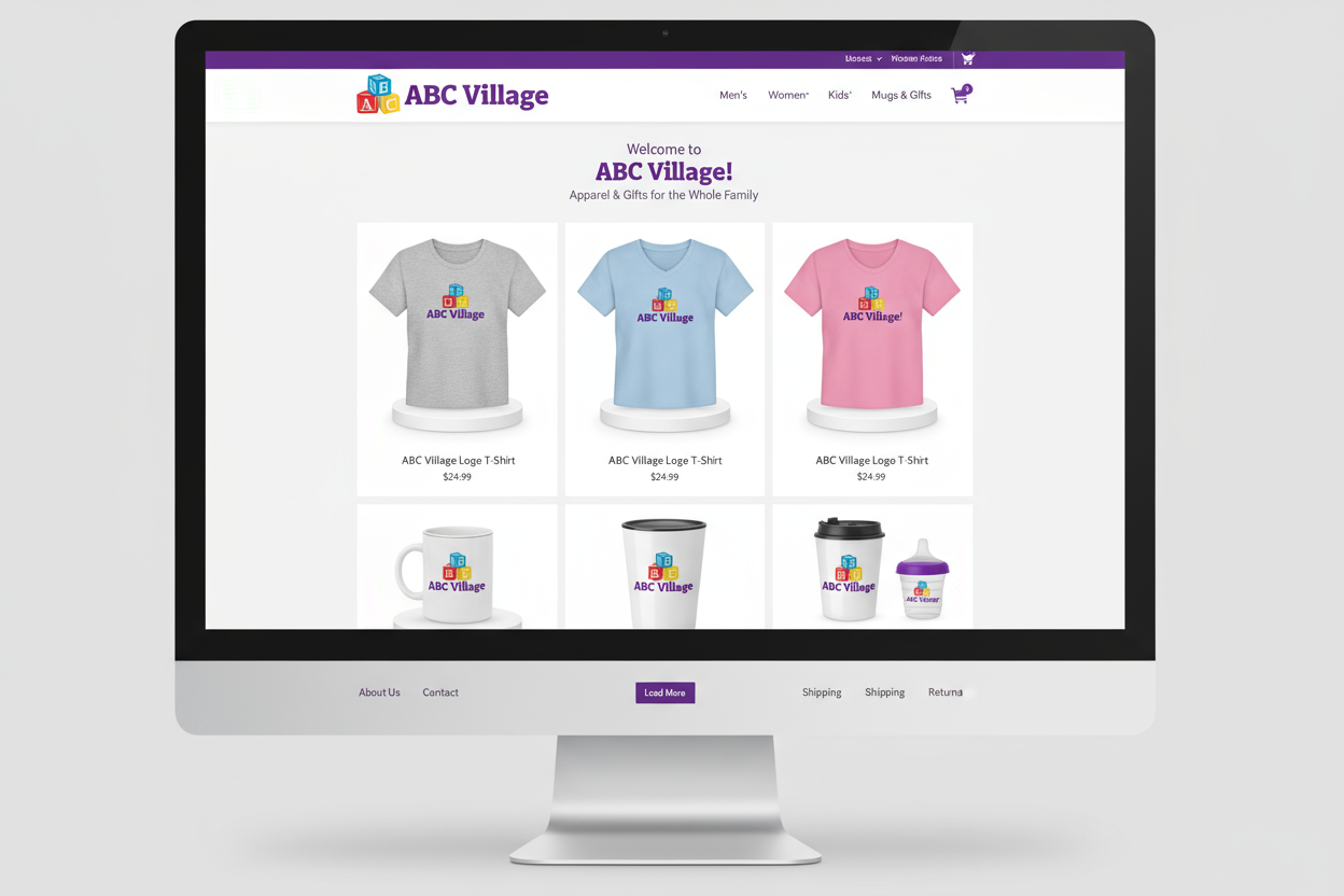 Create an image that looks like a website with various shirts and mugs on it that all have the same company logo. Make the company logo be purple and say ABC Village and put abc blocks beside it.