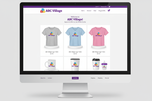 Create an image that looks like a website with various shirts and mugs on it that all have the same company logo. Make the company logo be purple and say ABC Village and put abc blocks beside it.