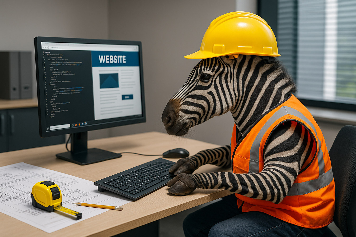 realistic image of a zebra wearing a construction worker outfit while working on a website